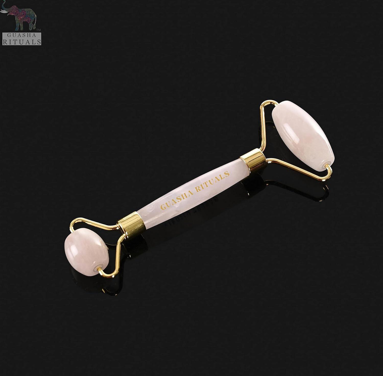 Rodillo Facial de Cuarzo Rosa Natural y Gua Sha – Set Spa en Casa