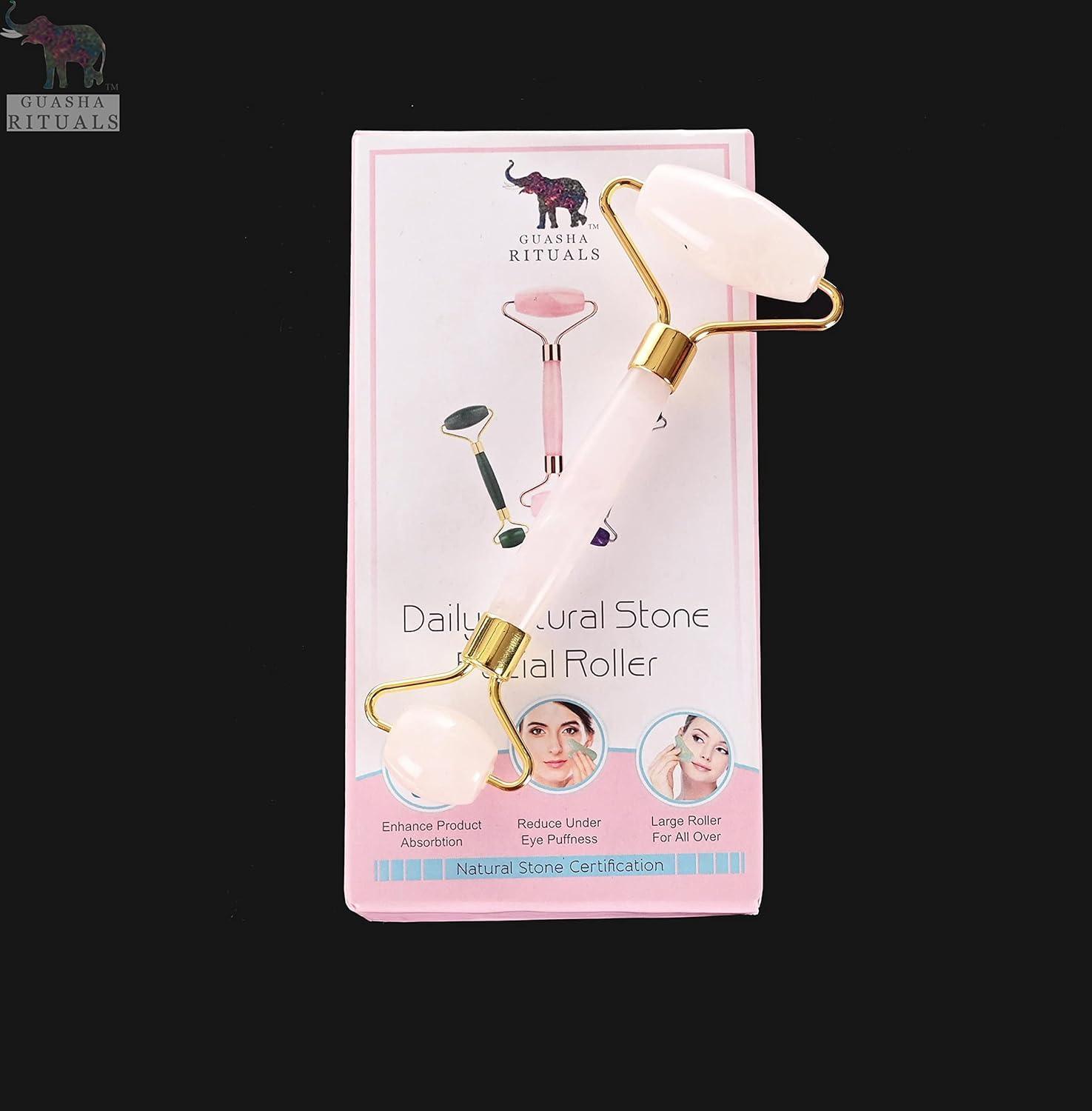 Rodillo Facial de Cuarzo Rosa Natural y Gua Sha – Set Spa en Casa