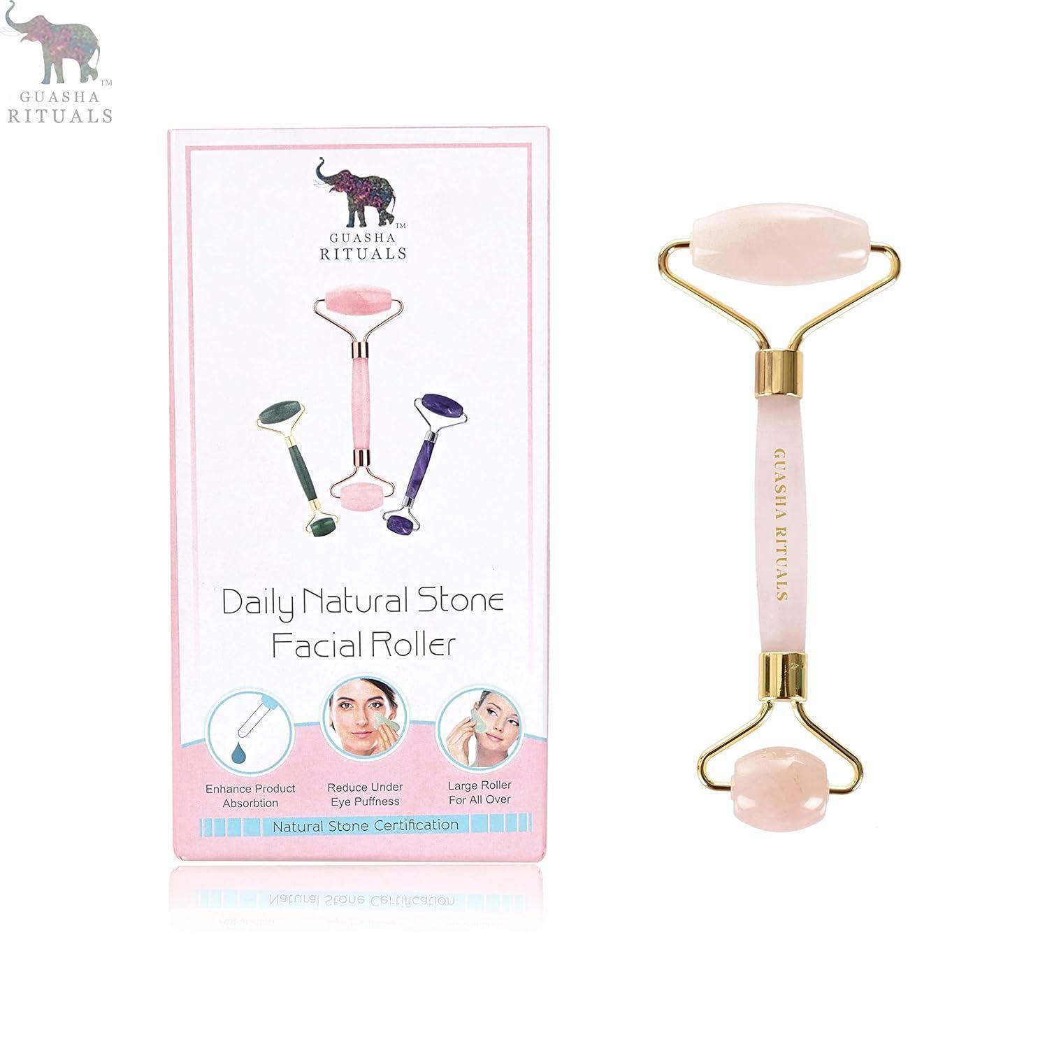 Rodillo Facial de Cuarzo Rosa Natural y Gua Sha – Set Spa en Casa