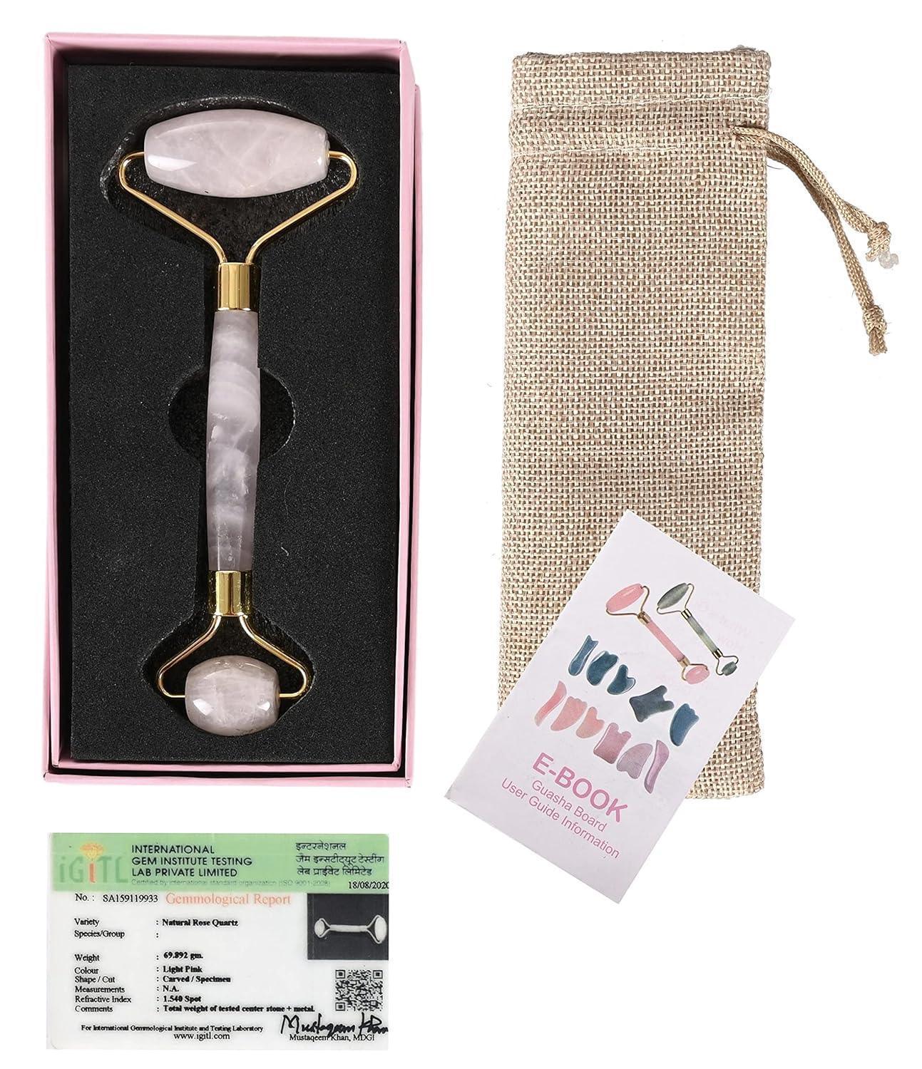 Rodillo Facial de Cuarzo Rosa Natural y Gua Sha – Set Spa en Casa